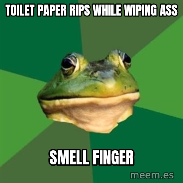 Foul Bachelor Frog meme: Toilet paper rips while wiping ass / smell finger