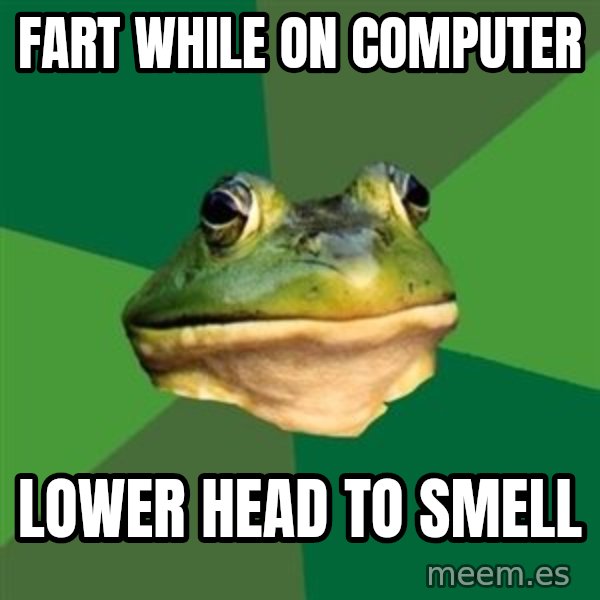 Foul Bachelor Frog meme: fart while on computer / lower head to smell