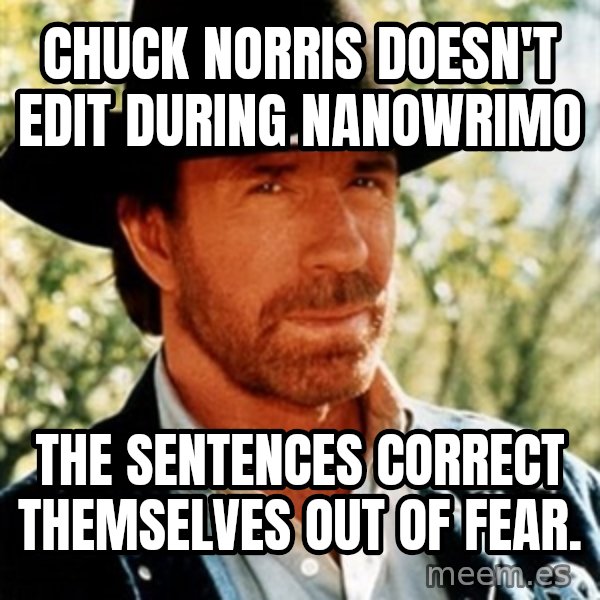 Chuck Norris  meme: Chuck Norris Doesn't Edit During NaNowrimo / The sentences correct themselves out of fear.