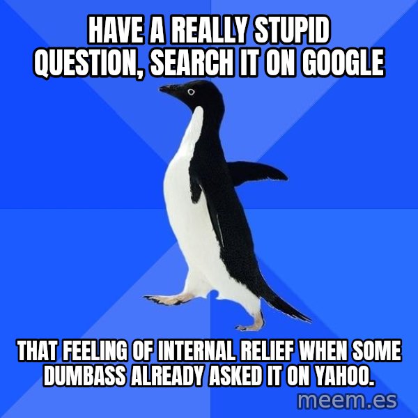 Socially Awkward Penguin meme: HAVE A really stupid question, search it on google / that FEELING of internal relief when some dumbass already asked it on yahoo.