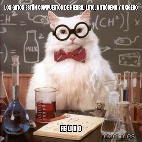 Chemistry Cat meme: los gatos están compuestos de hierro, litio, NITRÓGENO y oxigeno / Fe li n o