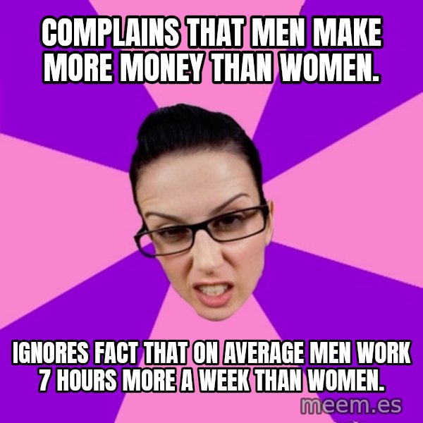 Privilege Denying Feminist meme: Complains that men make more money than women. / Ignores fact that on average men work 7 hours more a week than women.