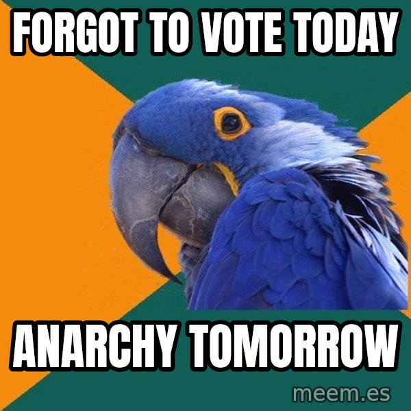 Paranoid Parrot meme: FORGOT TO VOTE TODAY / anarchy TOMORROW