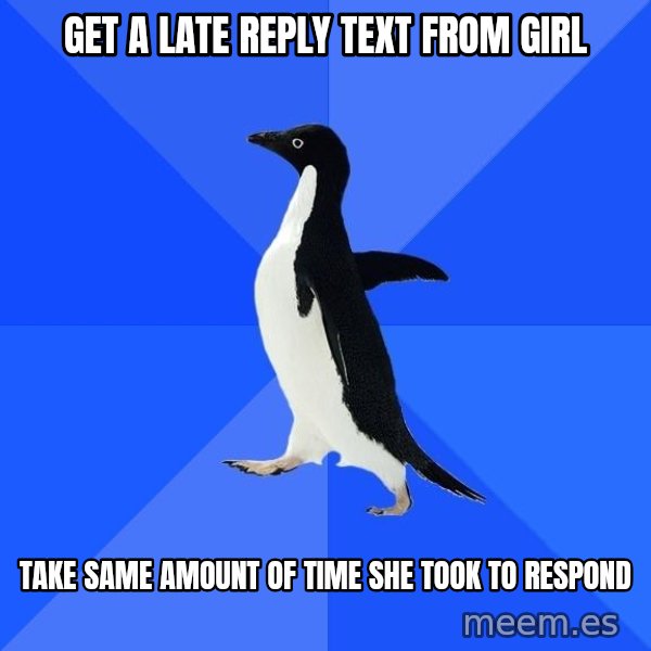 Socially Awkward Penguin meme: get a late reply text from girl / Take Same Amount of time she took to respond