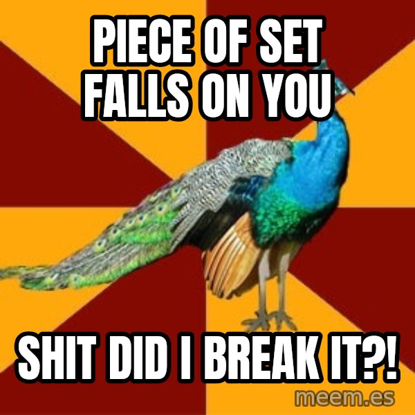 Thespian Peacock meme: Piece of set falls on you / shit did i break it?!