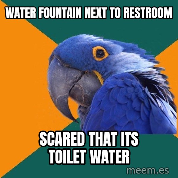 Paranoid Parrot meme: Water fountain next to restroom / scared that its toilet water
