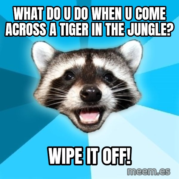 Lame Pun Coon meme: what do u do when u come across a tiger in the jungle? / wipe it off!