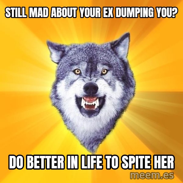 Courage Wolf meme: STILL MAD ABOUT YOUR EX DUMPING YOU? / DO BETTER IN LIFE TO SPITE HER