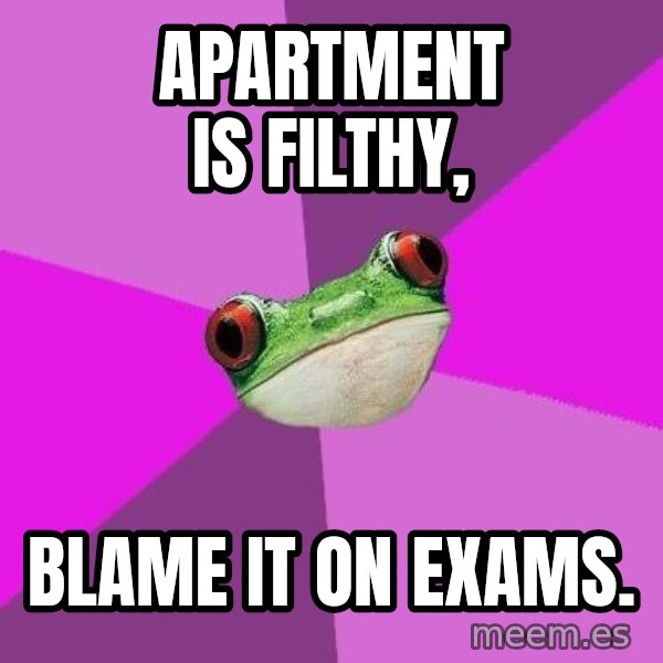 Foul Bachelorette Frog meme: Apartment is filthy, / Blame it on exams.