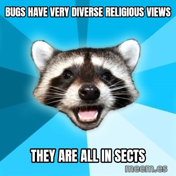 Lame Pun Coon meme: Bugs have very diverse religious views / they are all in sects