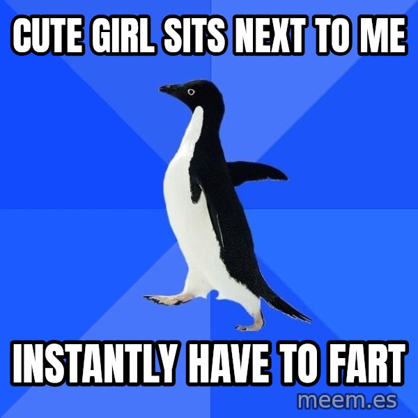 Socially Awkward Penguin meme: CUTE GIRL SITS NEXT TO ME / INSTANTLY HAVE TO FART