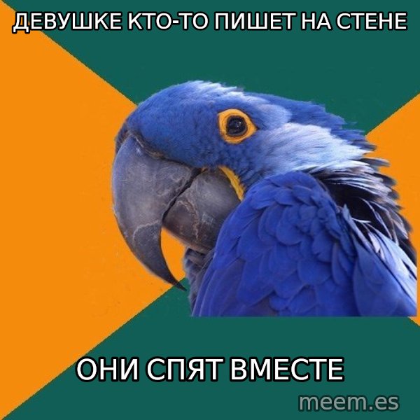 Paranoid Parrot meme: Девушке кто-то пишет на стене / они спят вместе