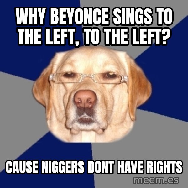 Racist Dog meme: Why beyonce sings to the left, to the left? / Cause niggers dont have rights