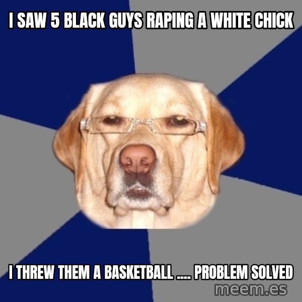 Racist Dawg meme: I Saw 5 black guys raping a White chick / I threw them a basketball .... ProBlem solved