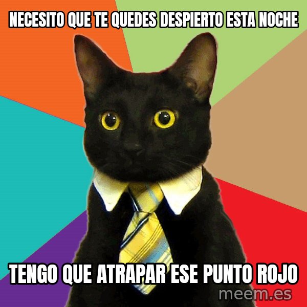 Business Cat meme: NECESITO QUE TE QUEDES DESPIERTO ESTA NOCHE / TENGO QUE ATRAPAR ESE PUNTO ROJO