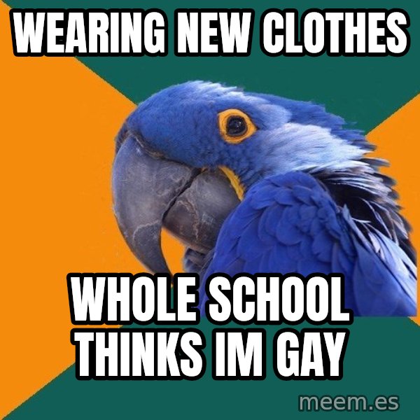 Paranoid Parrot meme: wearing new clothes / whole school thinks im gay
