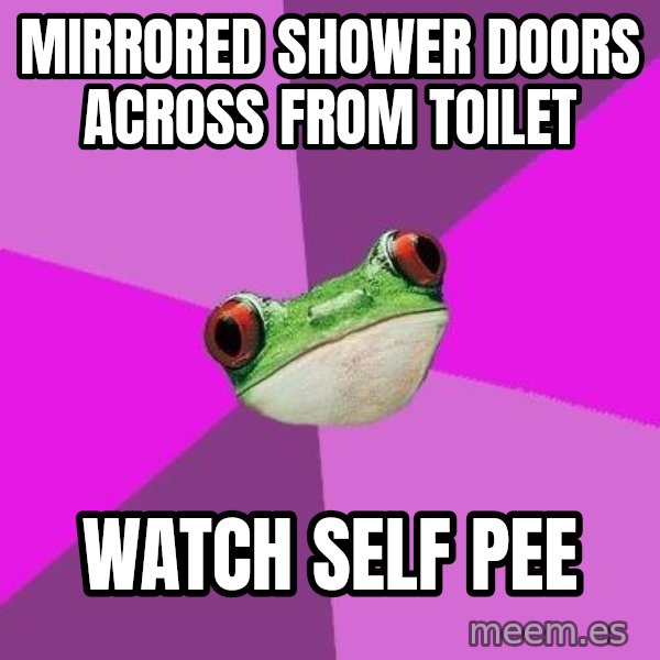 Foul Bachelorette Frog meme: mirrored shower doors across from toilet / watch self pee