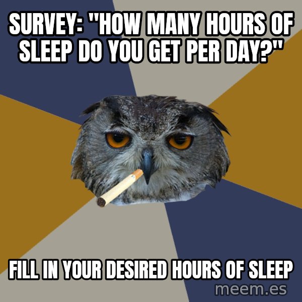 Art Student Owl meme: survey: "how many hours of sleep do you get per day?" / fill in your desired hours of sleep