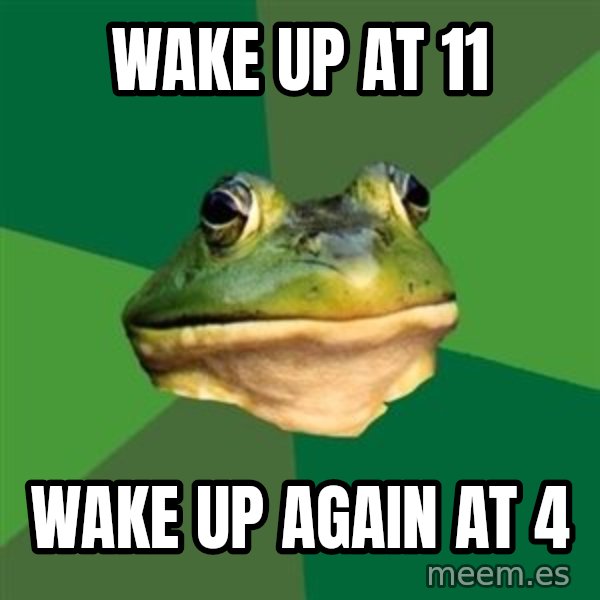 Foul Bachelor Frog meme: wake up at 11 / wake up again at 4