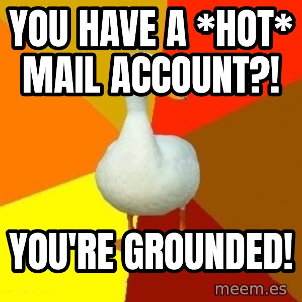 Technologically Impaired Duck meme: You have a *hot* mail account?! / you're grounded!