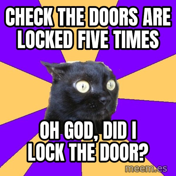 Anxiety Cat meme: Check the doors are locked five times / oh god, did I lock the door?