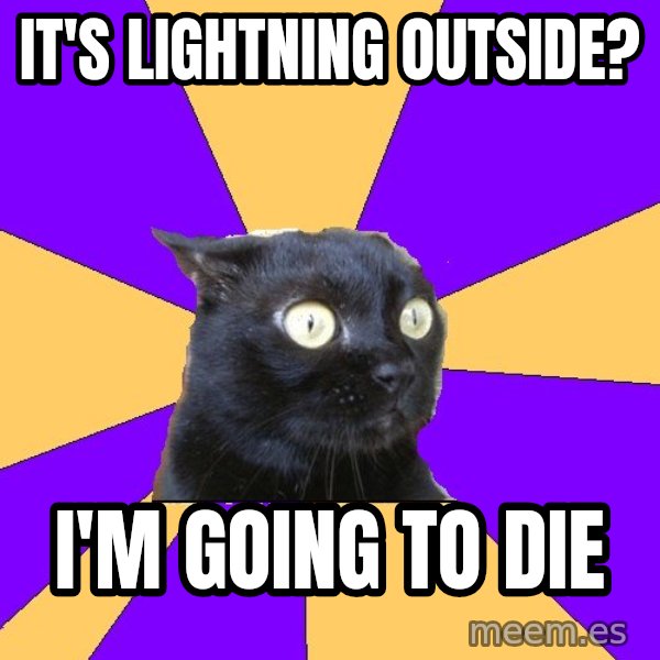 Anxiety Cat meme: It's lightning outside? / i'm going to die