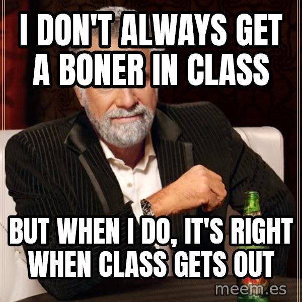 The Most Interesting Man In The World meme: I don't always get a boner in class / But when I do, It's right when class gets out