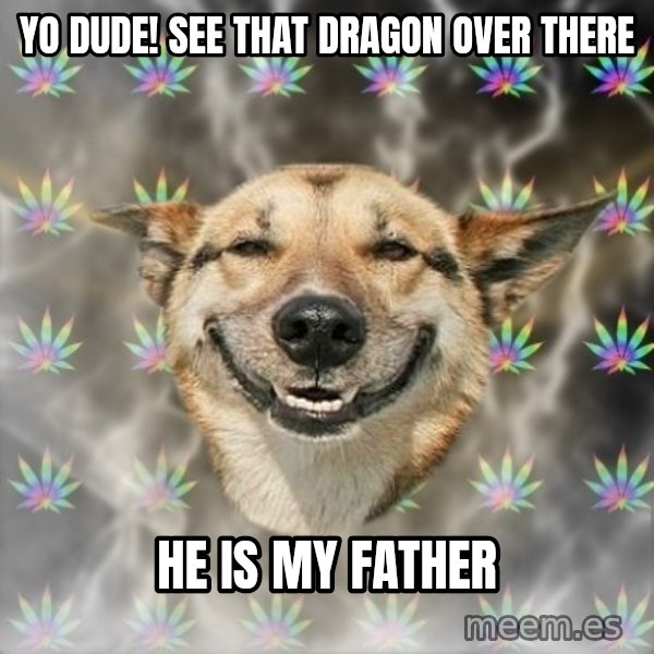 Stoner Dog meme: yo dude! see that dragon over there / he is my father