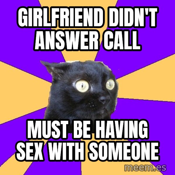 Anxiety Cat meme: GIRLFRIEND DIDN'T ANSWER CALL / MUST BE HAVING SEX WITH SOMEONE