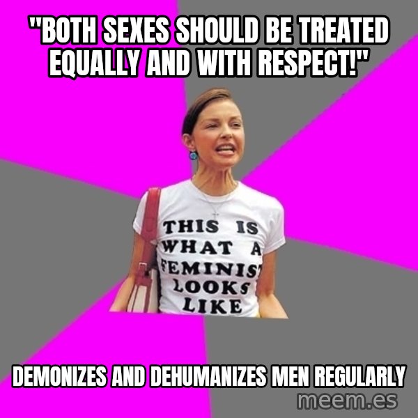 Feminist Cunt meme: "both sexes should be treated equally and with respect!'' / demonizes and dehumanizes men regularly