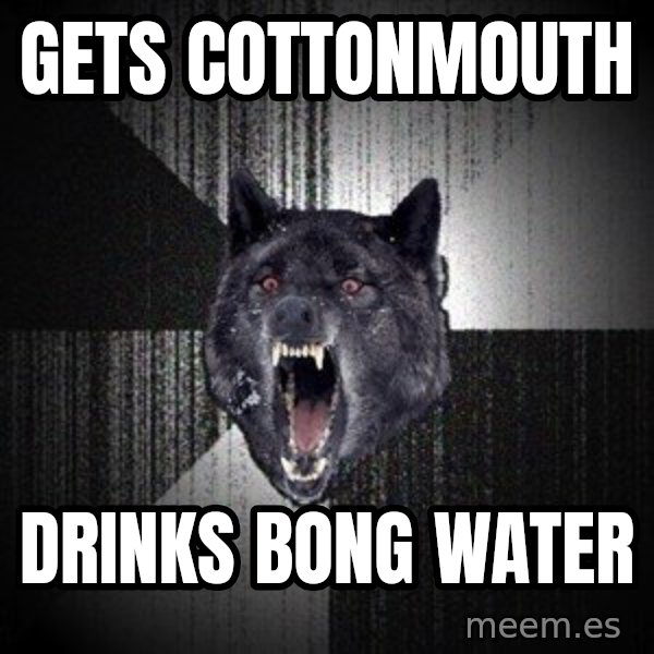 Insanity Wolf meme: gets cottonmouth / drinks bong water