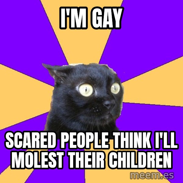 Anxiety Cat meme: i'm gay / scared people think i'll molest their children