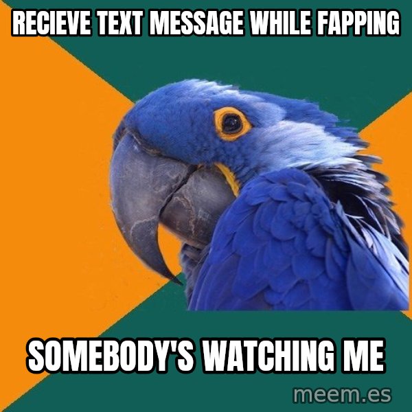 Paranoid Parrot meme: recieve text message while fapping / somebody's watching me