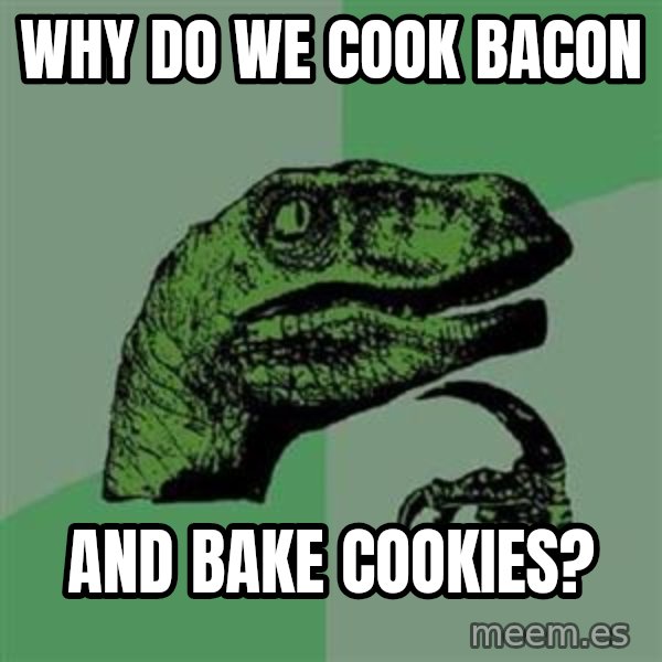 Philosoraptor meme: why do we cook bacon / and bake cookies?