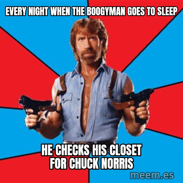 Chuck Norris  meme: every night when the boogyman goes to sleep / he checks his closet for chuck norris