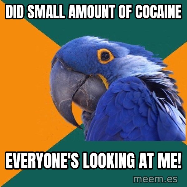 Paranoid Parrot meme: did small amount of cocaine / everyone's looking at me!