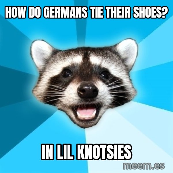 Lame Pun Coon meme: how do germans tie their shoes? / in lil knotsies