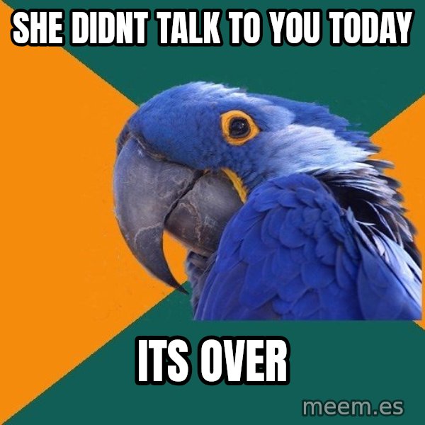 Paranoid Parrot meme: she didnt  talk to you today / its over