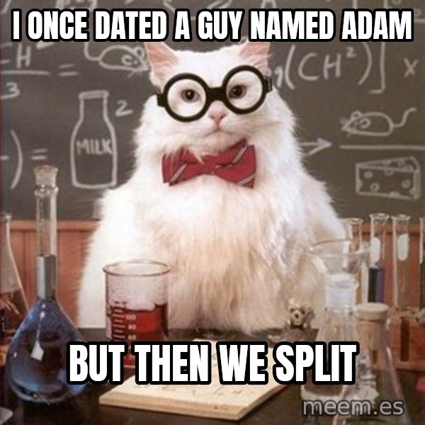 Chemistry Cat meme: I once dated a guy named adam / but then we split