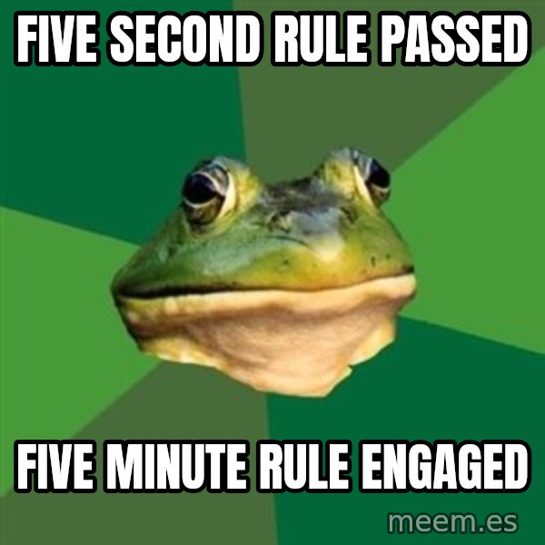 Foul Bachelor Frog meme: Five second rule passed / five minute rule engaged