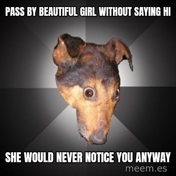 Depression Dog meme: pass by beautiful girl without saying hi / she would never notice you anyway