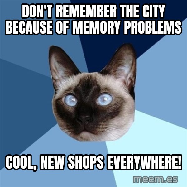 Chronic Illness Cat meme: don't remember the city because of memory problems / cool, new shops everywhere!