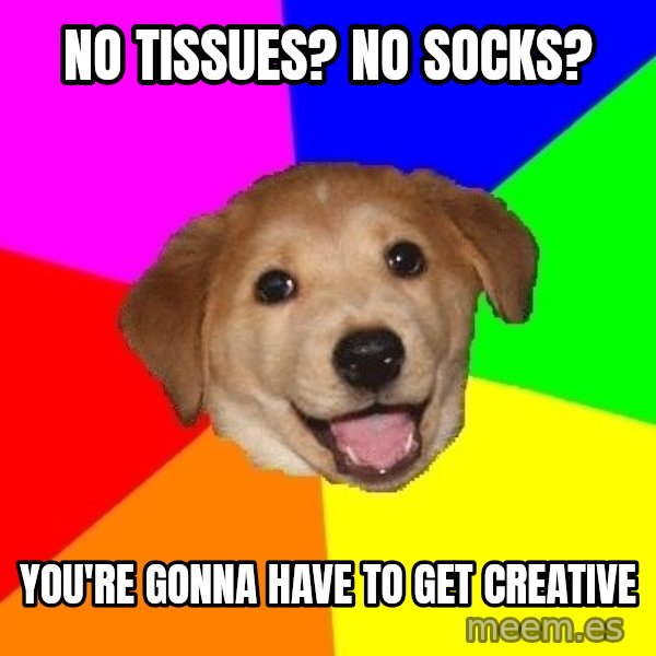 Advice Dog meme: NO TISSUES? NO SOCKS? / YOU'RE GONNA HAVE TO GET CREATIVE