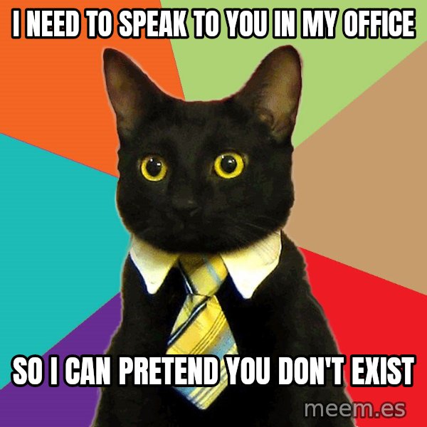 Business Cat meme: I NEED TO SPEAK TO YOU IN MY OFFICE / SO I CAN PRETEND YOU DON'T EXIST