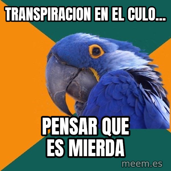 Paranoid Parrot meme: TRANSPIRACION EN EL CULO... / PENSAR QUE ES MIERDA