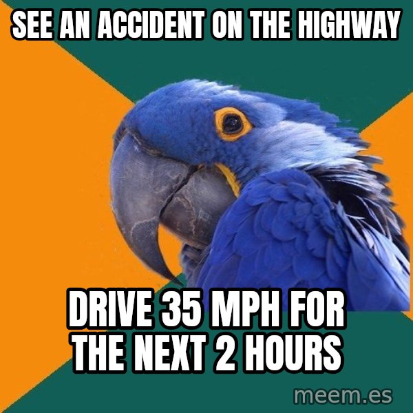 Paranoid Parrot meme: See aN Accident on the highway / Drive 35 mph for the next 2 hours