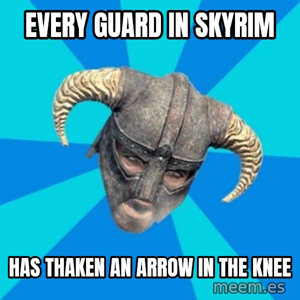 skyrim stan meme: Every guard in skyrim / Has thaken an arrow in the knee