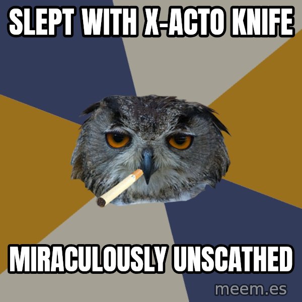 Art Student Owl meme: Slept with x-acto knife / miraculously unscathed