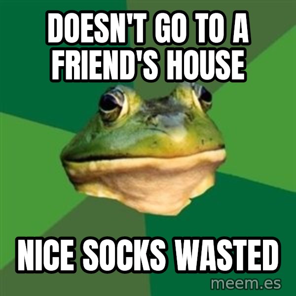 Foul Bachelor Frog meme: Doesn't go to a friend's house / nice socks wasted