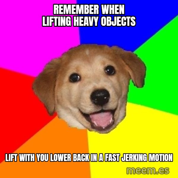Advice Dog meme: remember when lifting heavy objects / lift with you lower back in a fast jerking motion